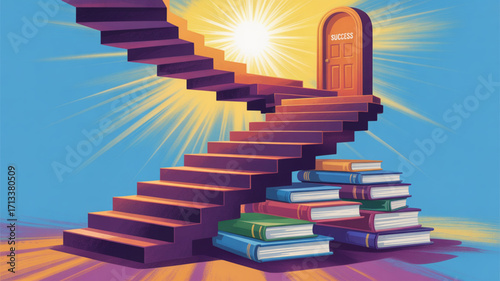 Stairway to success with books and education leading to opportunity and bright future illustration art