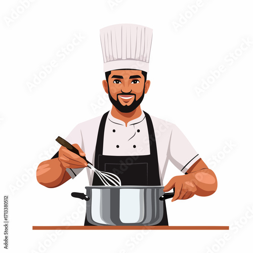 Professional chef whisking ingredients in pot, preparing delicious food for culinary success and satisfaction