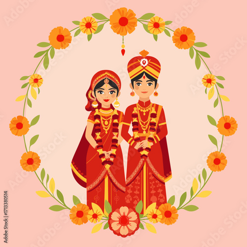 Joyful Indian wedding couple in vibrant traditional attire