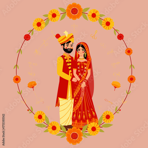 Joyful Indian wedding couple in floral frame
