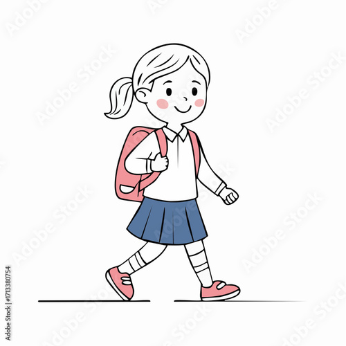 Smiling schoolgirl happily walking to school with backpack, ready for learning and adventure
