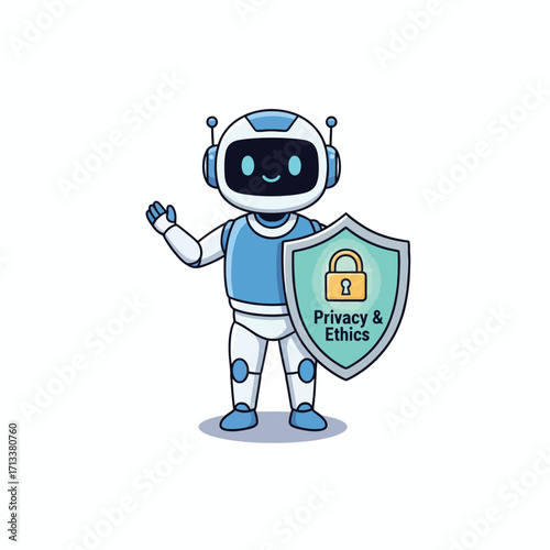 Friendly Robot Championing Digital Privacy and Ethical Data Management, Symbolizing Secure Technology and Trustworthy AI Solutions and Compliance