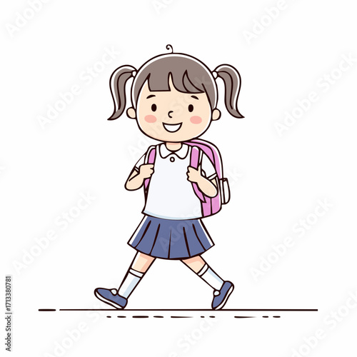 Smiling schoolgirl walking with backpack, ready for education and learning at elementary school