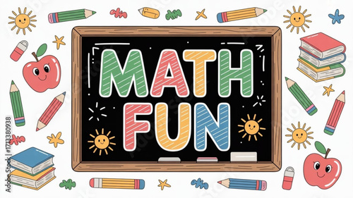 Fun math learning for kids with chalkboard illustration featuring books pencils and happy suns for education