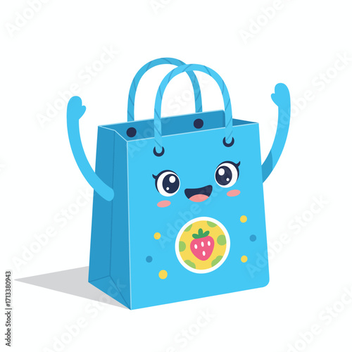 Happy blue cartoon gift bag with a smiling face and outstretched arms, perfect for fun and joy