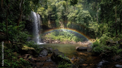 Waterfall and Rainbow in Lush Tropical Forest