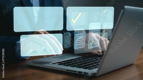 Document management concept person using a laptop with digital document icons and checkmarks, representing file organization, data handling, and workflow management