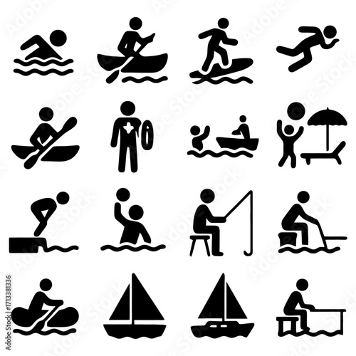 Aquatic Adventures: A collection of pictogram symbols showcasing various water activities and leisure pursuits, embodying the essence of recreation and adventure.