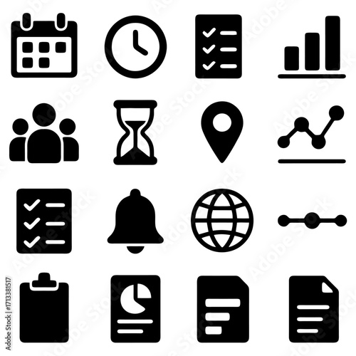 Icons of Time and Organization: An assortment of minimalist icons representing calendar, clock, checklist, chart, and other essential tools, ideal for conveying information, planning.