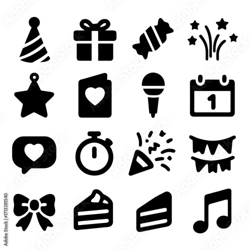 Celebration Icon Array: A collection of whimsical icons representing various elements commonly associated with celebratory events, ideal for design purposes.
