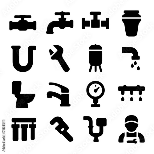 Plumbing Elements Icon Set: A cohesive collection of monochromatic plumbing elements, showcasing essential tools and fixtures in a clean, illustrative style