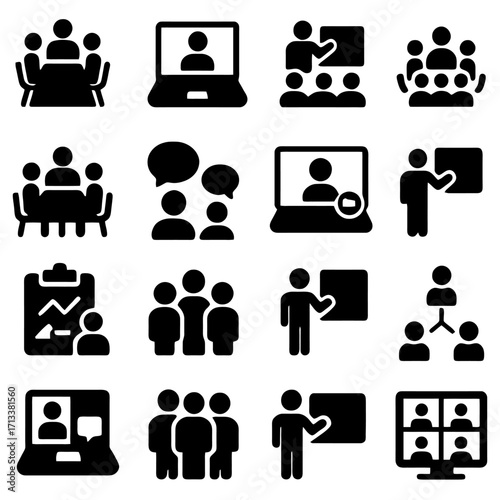 Business Meeting Icons: An assortment of modern icons depict various aspects of meetings, online conferences, teamwork, presentation, communication and reporting.