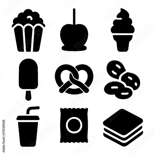 Delicious Treats Icons: A set of monochromatic icons of various delightful snacks, arranged to evoke a sense of simple pleasure and irresistible temptation.