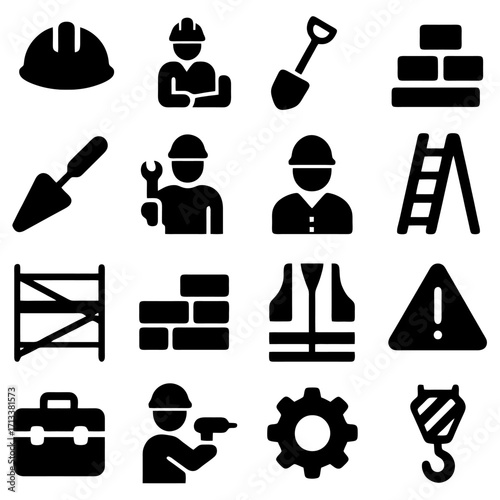 Construction Icon Set: A comprehensive collection of detailed, easily recognizable black construction icons, conveying professionalism, safety, and industry expertise.