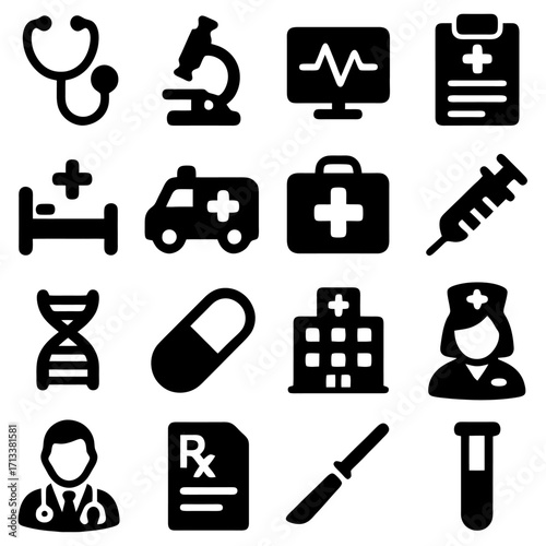 Health Icons Set: A comprehensive set of medical icons, embodying elements vital to healthcare, each designed with clarity and visual impact. These icons capture the essence of medicine and wellness.