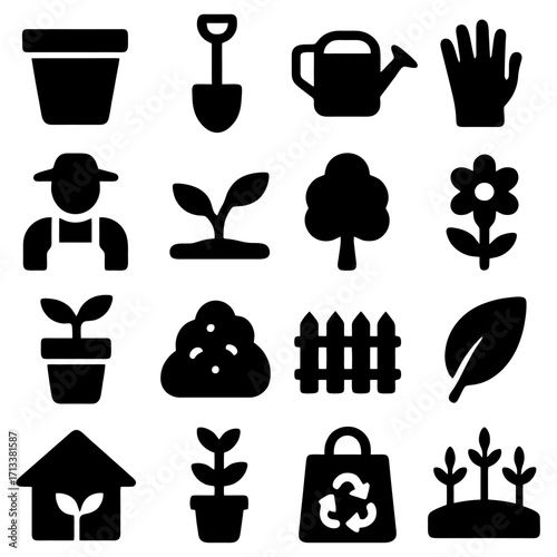 Iconic Garden Essentials: a curated collection of illustrations of garden tools and elements, providing a visual representation of the various components and concepts related to the garden. 