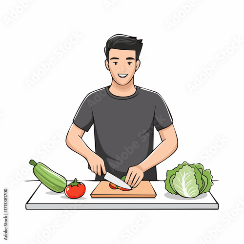Young man expertly slicing fresh vegetables, perfect for healthy cooking and food concepts
