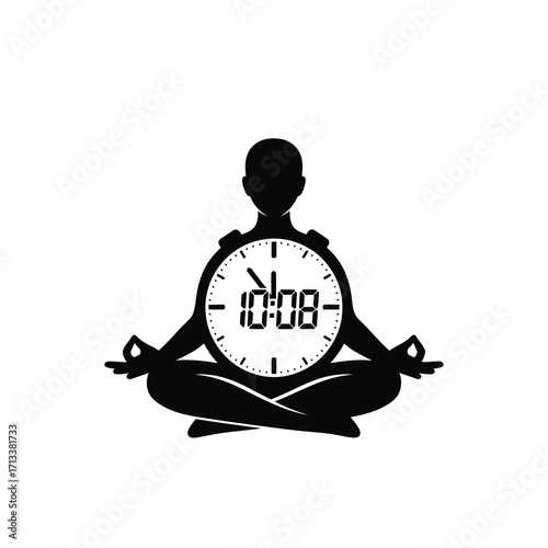 Conceptual vector illustration of time management and mindfulness, featuring a person in a yoga lotus pose with a digital clock