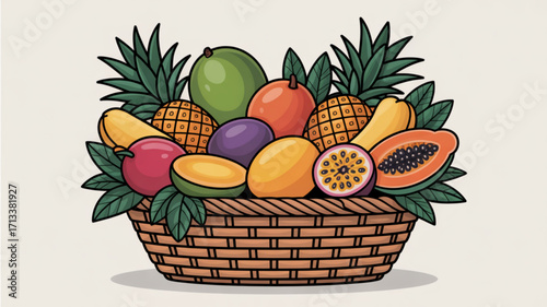 Illustration of tropical fruit basket with mango pineapple papaya and passionfruit for healthy eating concept