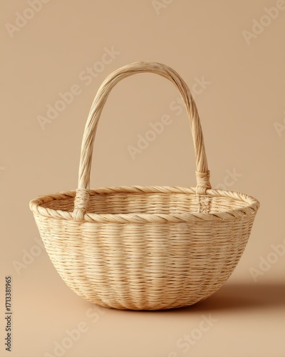 Woven Rattan Basket with Curved Handle on Neutral Background