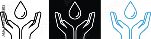 Water conservation icons, cupped hands, droplet protection, environmental care, sustainability symbols, humanitarian graphics, clean water, outline style, eco awareness, blue and black visuals