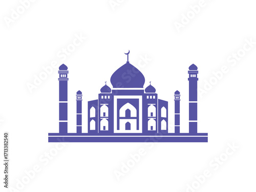 Majestic silhouette of the Taj Mahal architectural monument with intricate dome and minarets in a black vector style isolated on white background