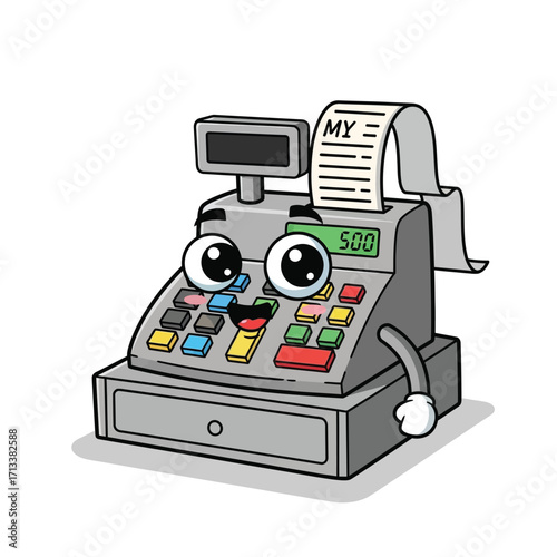 Cute Cartoon Cash Register Smiling with a Receipt Displaying a Sum of 500