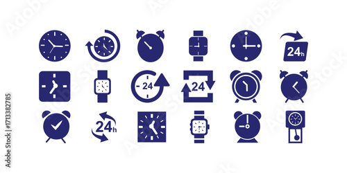 Collection of black time-related icons including analog clocks, stopwatch, timer and wristwatch symbols in clean modern minimal vector set