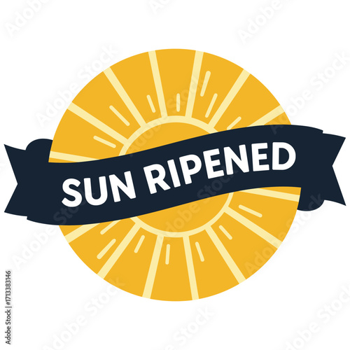Bright yellow sun graphic with a dark blue ribbon across it displaying the text 'SUN RIPENED' in white capital letters, symbolizing natural ripening and freshness.