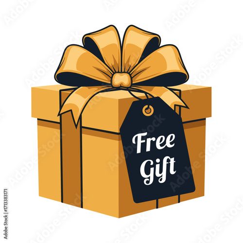 Golden gift box with a decorative ribbon and a black tag displaying 'Free Gift' in elegant white script font, perfect for promotions and special offers