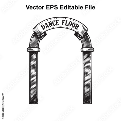 Vector art of vintage archway with banner that says dance floor