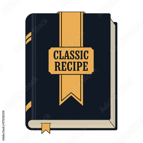 Elegant Dark Blue Classic Recipe Cookbook with Gold Ribbon Bookmark and Vintage Design Illustration