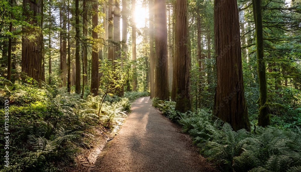Obraz premium A Serene Forest Path Illuminated By Gentle Sunlight Surrounded By Tall Trees And Lush Greenery Inviting Exploration And Tranquility