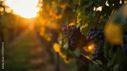 Vineyard row with ripe grapes at sunset leaves and branches visible