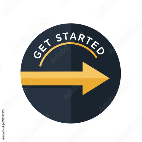 Get Started button or icon with a yellow arrow pointing right, symbolizing initiation, progress, and moving forward in a new process or journey