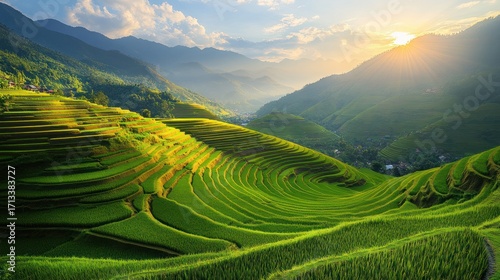 Lush Green Rice Terraces on Mountainside at Sunset Scenic Landscape