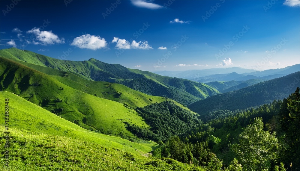 Fototapeta premium Lush Green Mountain Valleys Create A Captivating Landscape Of Tranquility And Beauty This Image Captures The Essence Of Serene Mountain Valleys In Vibrant Shades Of Green With Ample Copy Space