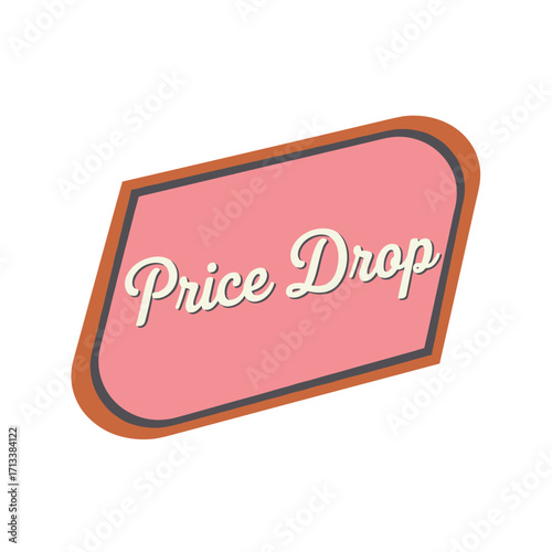Retro style price drop banner with rounded corners and a bold script font on a pink background, ideal for sales and promotions