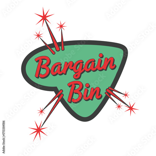 "Bargain Bin" retro vintage mid-century modern style sign with starbursts and green background