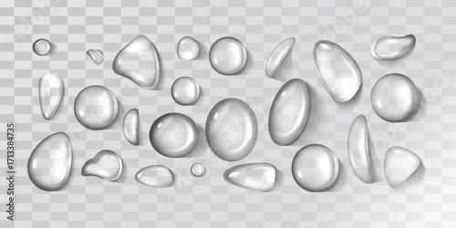 Highly detailed vector illustration of multiple realistic water drops with various shapes and reflections for nature, weather, and design use