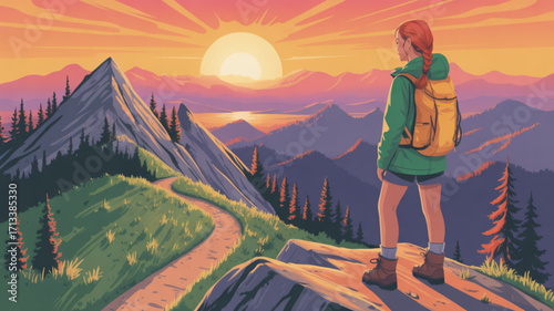 Woman hiking mountain peak at sunset scenic landscape adventure travel outdoor recreation backpacking exploration