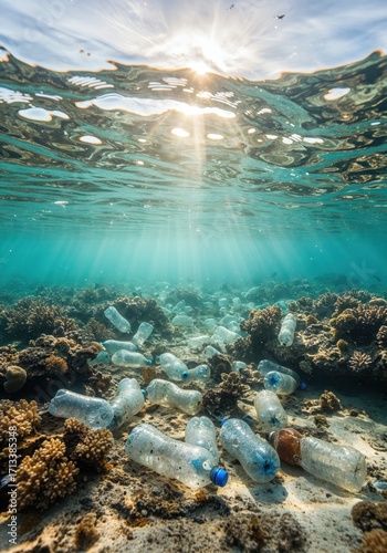 Fototapeta Naklejka Na Ścianę i Meble -  Ocean's Plea: An evocative underwater view, showcasing plastic bottles scattered amidst a vibrant coral reef. A powerful visual commentary on pollution.