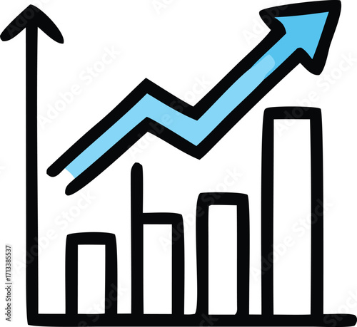 Hand drawn business growth chart with upward trending arrow and bar graph visualising financial progress and success