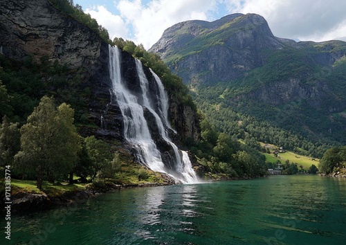 Photos Breathtaking Waterfall in Fjord Landscape
