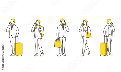 スマホで通話しているビジネスパーソンの線画イラストセット