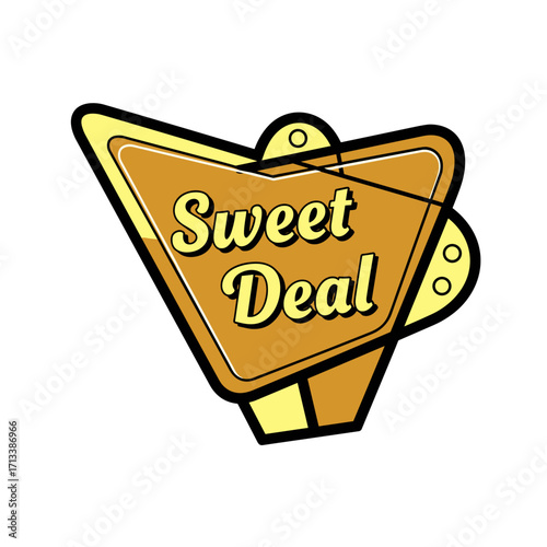 Retro vintage style sign with the text 'Sweet Deal' in a classic diner or roadside motel aesthetic, featuring warm yellow and brown colors with a bold outline.