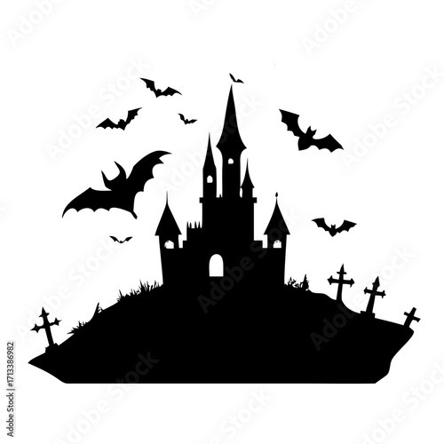 Gothic castle silhouette Halloween vector, haunted towers, bats, witches, creepy graveyard, glowing moon, modern flat eerie horror design, dark spooky fantasy night background.