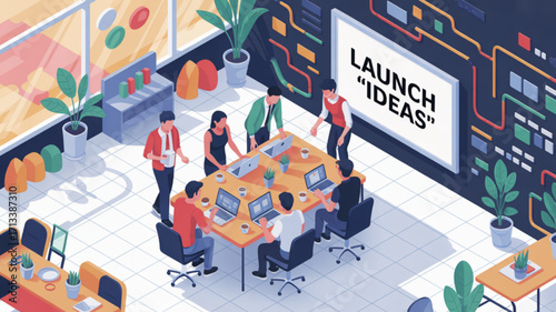 Isometric office team meeting brainstorming session launch ideas project planning collaboration teamwork discussion