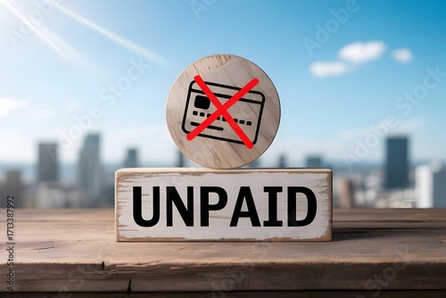 A stone with a credit card symbol crossed out sits on a wooden sign that reads unpaid against a blurry cityscape background symbolizing financial difficulties and debt