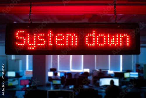 Red warning system down sign symbolizing IT failure. Concept of computer error, network crash, cybersecurity risk, and digital malfunction in office workplace technology and business environment.